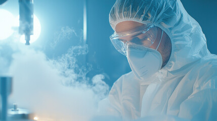 Poster - Scientist in protective gear working with laboratory equipment, focused on research. atmosphere is filled with vapor, creating dramatic effect