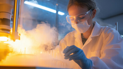 Poster - scientist in lab coat and protective gear conducts experiments with test tubes, surrounded by vapor and glowing equipment