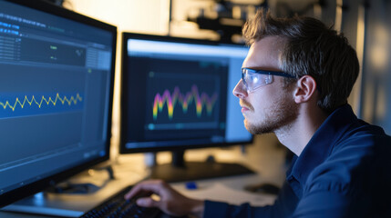 Aufkleber - Man analyzing data on computer screens, focused on graphs and statistics