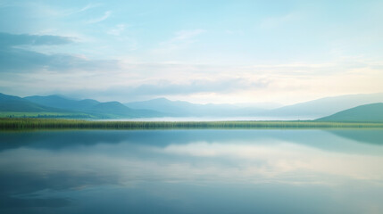 Poster - serene lake landscape with misty mountains and calm water reflecting sky. tranquil scene evokes sense of peace and natural beauty