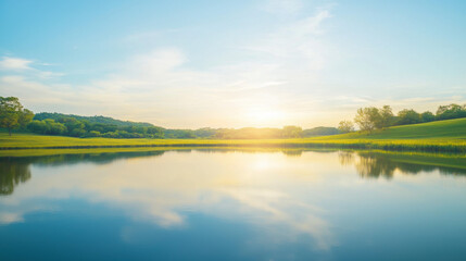 Poster - serene landscape featuring calm lake reflecting sky and trees, with warm sunrise illuminating scene