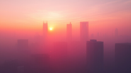 Poster - stunning city skyline at sunset, enveloped in soft pink haze. sun casts warm glow over buildings, creating serene atmosphere