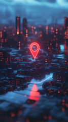 Poster - Glowing red location pin hovering above a futuristic cyberpunk city with neon lights and dark atmosphere
