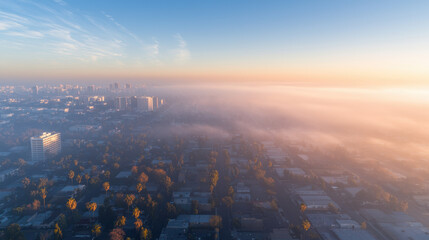 Poster - Aerial view of cityscape shrouded in morning fog, with buildings and trees visible. soft light creates serene atmosphere