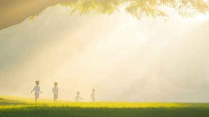 Poster - Children playing in misty park, sunlight filtering through trees, joyful moments