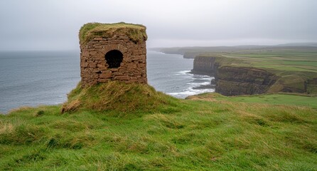 Stone ruin on a green cliff overlooking the ocean