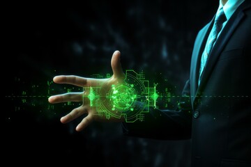 Poster - Businessman interacting with futuristic green holographic interface, showcasing technological innovation and digital transformation