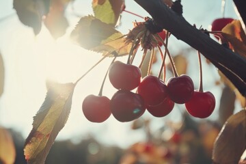 Wall Mural - Harvest of ripe red cherries on a branch in the garden, agribusiness business concept, organic healthy food and non-GMO fruits with copy space
