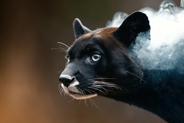 Sticker - Close-up of a majestic black panther with smoke around its neck