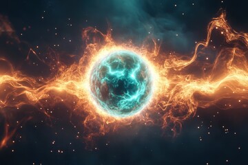 Poster - electric blue orb surrounded by fiery energy in a cosmic background with stars