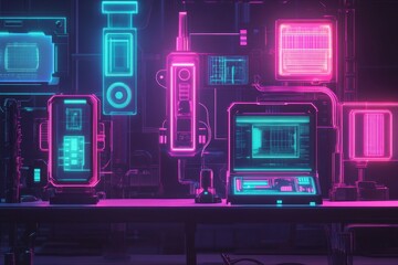 Fototapete - Neon-lit futuristic workspace with advanced technology and glowing screens