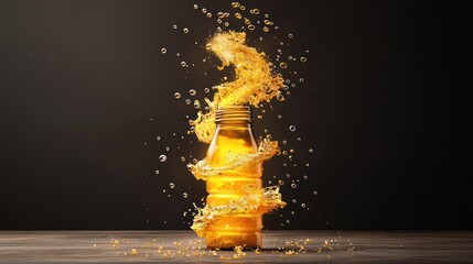 Wall Mural - a sparkling orange beverage in a bottle is surrounded by splashes, creating a dynamic and refreshing