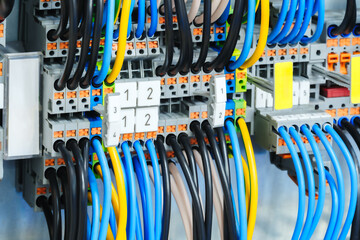 Poster - A bunch of wires are connected to a device. The wires are blue and white. The device is a computer