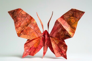 Poster - Colorful origami butterfly resting on a white background, showcasing intricate folds and vibrant hues