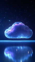 Fototapete - Cloud computing technology is represented by a glowing cloud reflecting on a dark blue water surface under a starry sky