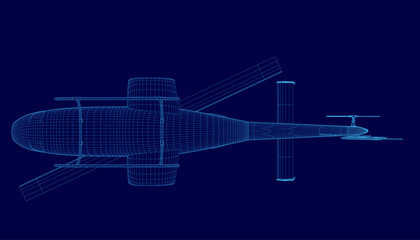 Poster - Blue helicopter is shown in a stylized way. The image is a computer-generated rendering of the helicopter, with a blue background. The helicopter is shown in a stylized way, with its wings