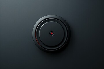 Poster - Round black button with red light glowing on dark background, representing power, technology, and innovation