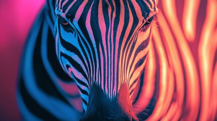 Poster - Striking black and white zebra stripes stand out dramatically against a vivid neon backdrop, showcasing a captivating blend of nature and vibrant artistry, enriching the atmosphere with energy