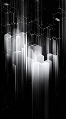 Poster - White glowing skyscrapers rise from a dark cityscape, overlaid with a futuristic honeycomb network, creating an abstract, modern architectural scene