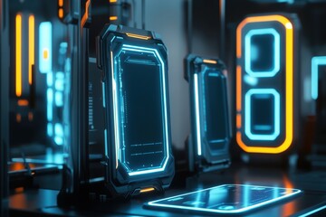 Poster - Futuristic display screens illuminated with neon lights in a high-tech environment