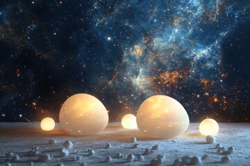 Poster - Glowing orbs on a celestial landscape with cosmic background and stardust