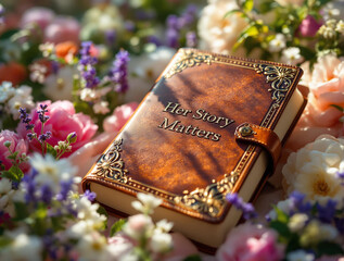 Poster - A book with a leather cover and gold embossing lies on a bed of flowers, including pink and yellow blooms. The book is titled \