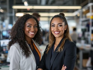Aufkleber - two women standing close to each other, smiling, and wearing professional attire. The background appears to be an office or workspace.