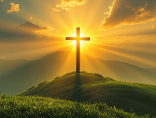 Poster - a cross standing on a grassy hill with the sun shining brightly behind it, creating a beautiful and serene atmosphere.