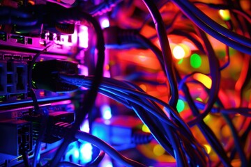 Poster - Close up of network cables attached to servers, creating a colorful bokeh effect in a data center