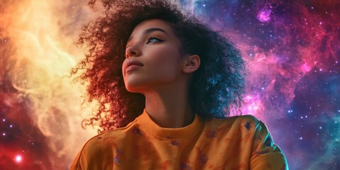 Poster - A young woman gazes into the universe, surrounded by a colorful cosmic backdrop. This vibrant style blends emotion and imagination. Perfect for artistic projects. AI