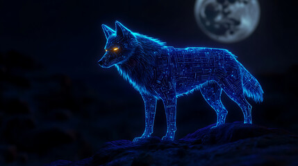 Fototapete - Cybernetic wolf standing on a rock at night under a full moon.
