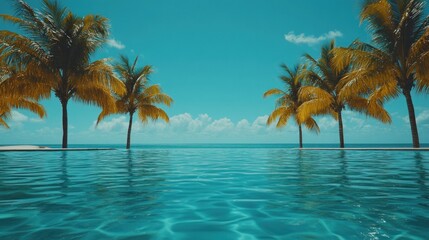 Wall Mural - Tropical paradise palm trees, pool, ocean.