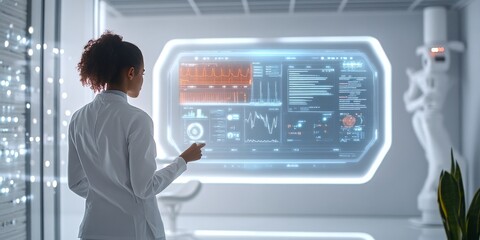 Aufkleber - A scientist analyzes futuristic data in a sleek lab environment. The advanced screen displays various metrics and graphs. This image emphasizes technology and innovation. AI