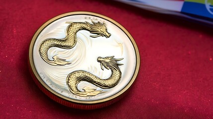 Wall Mural - A detailed view of golden dragons entwined around a textured Chinese coin, their shimmering scales reflecting light on a vivid red background