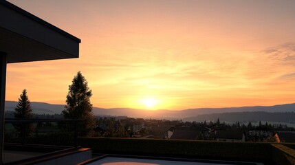 Poster - Serene sunset view over a tranquil landscape and modern architecture.