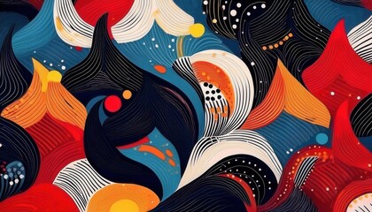 Poster - vivid abstract composition with flowing lines, bold red and orange curves, dynamic wave shapes, and cosmic dots on a dark backdrop

