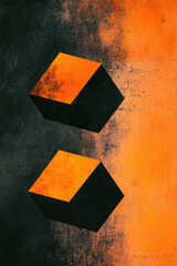 Poster - Dynamic Abstract Art with Contrasting Orange and Black Geometric Cubes and Textured Background for Modern Design