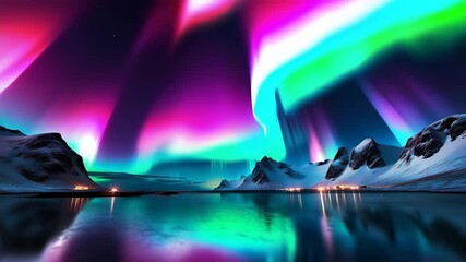 Wall Mural - A beautiful aurora borealis is seen in the sky above a lake. The sky is filled with colorful lights that create a serene and peaceful atmosphere