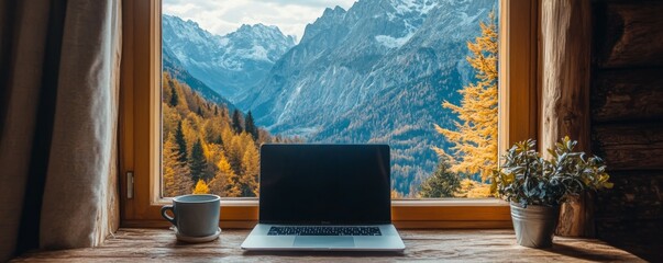 Wall Mural - tranquil mountain view with laptop and coffee by rustic window.