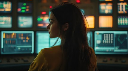 Poster - A woman with long hair sits in front of multiple digital screens, focused and engaged in her work in a control room environment.