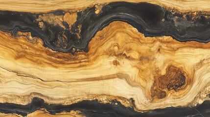 Poster - Close up of olive wood texture with black and gold hues.