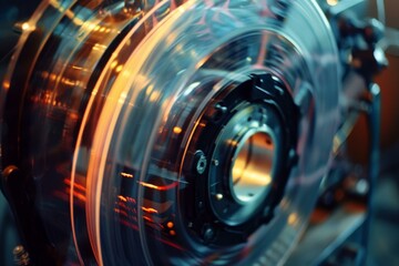 Poster - Close up of industrial reel spinning rapidly, creating a motion blur effect, highlighting speed and precision in modern manufacturing