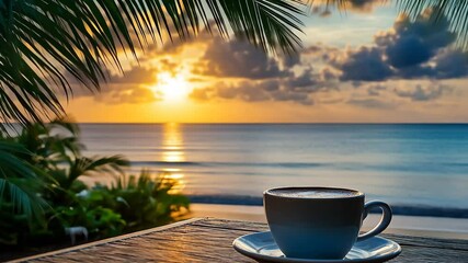 Wall Mural - Enjoying a cup of coffee while watching the tropical sunset over the calm ocean, Cup of coffee on table with tropical sunset view on cozy patio Relaxing and serene outdoor concept