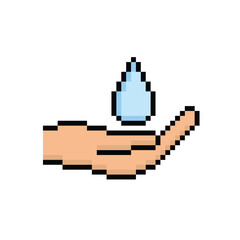 Poster - pixel hand holding water drop icon.  Vector pixel art water care 8 bit save water logo for company 