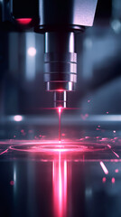 Poster - futuristic industrial laser engraving machine cutting through a metal plate with a vibrant pink lase