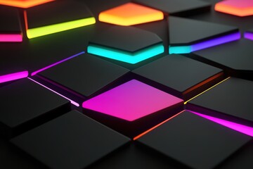 Aufkleber - Glowing neon geometric shapes of varying sizes and colors create a striking contrast against a matte black surface, providing a stylish foundation for text