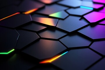 Poster - Glowing neon geometric shapes like triangles and hexagons contrast against a matte black surface, forming a stylish minimalist background with ample space for text