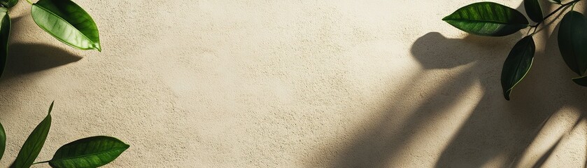 Poster - Smooth beige stone texture enhances a tranquil space, illuminated by soft shadows of green leaves. An ideal backdrop for text overlay and design projects, conveying freshness