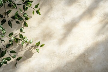 Poster - Smooth beige stone texture serves as a minimalist background, enhanced by soft green leaf shadows. Perfect for creative projects that require clean, fresh aesthetics