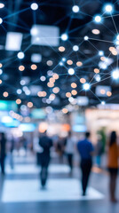 Fototapete - Glowing network connections illuminating silhouetted business professionals moving through bustling technology exhibition space